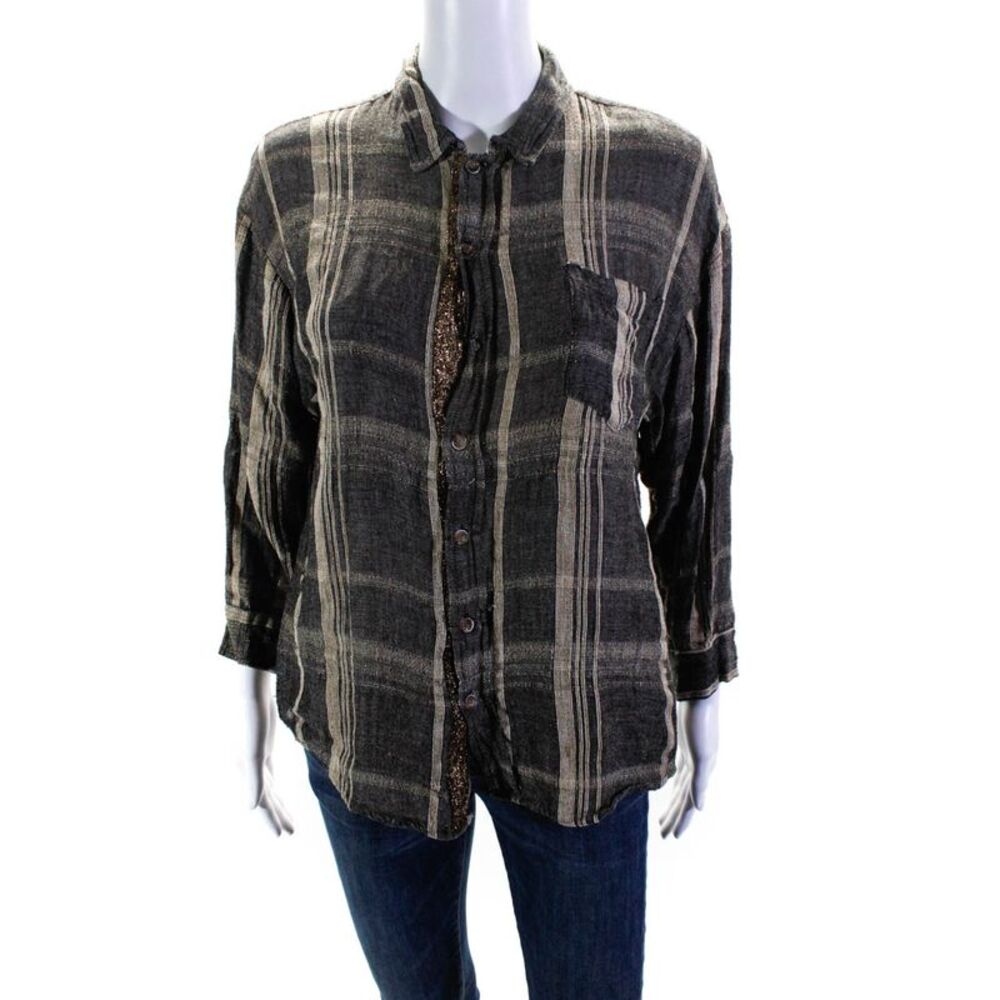 Of Two Minds Womens Linen Metallic Embroidered Plaid Buttoned Top Gray Size S